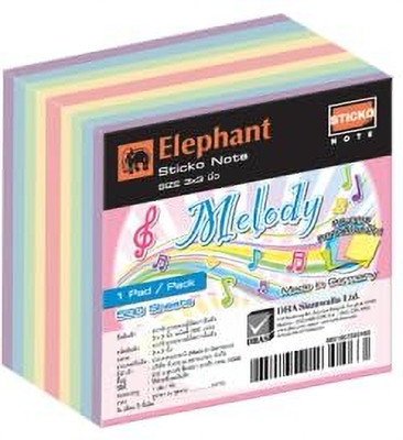 ELEPHANT Sticky Note STD 3X3 Melody Self-Stick Notes 500 Sheets Regular, 5 Colors(Set Of 1, MULTICOLOUR MADE IN THAILAND)