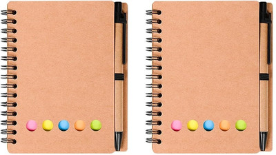 FRKB 2Pc ,18 x 13 cms Spiral Notebook with Pen and Sticky Lined Notes Page Markers 80 Sheets Diary Style, 1 Colors(Set Of 2, Beige)