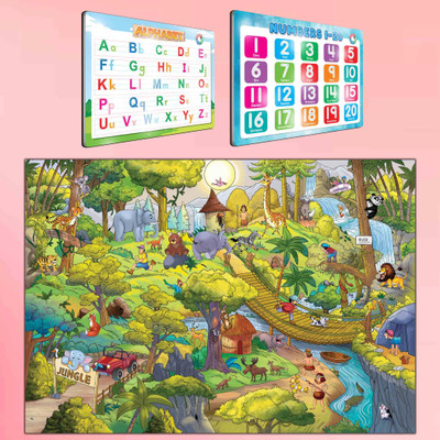 ALPHABET UNLIMITED WRITE AND WIPE PRACTICE BOARD, NUMBER 1 - 20 UNLIMITED WRITE AND WIPE PRACTICE BOARD and GIANT JUNGLE SAFARI COLOURING POSTER | Combo of 2 practice boards with pen and 1 colouring poster | Alphabet & Numbers Jungle Combo Fine Art Print(17 inch X 11.5 inch)