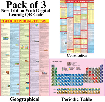 Pack of 3 Educational Charts - Periodic Table, Geographical Terms & Constitution of India | English Medium Map | 28x40 Inch / 70x100 cm | 90 GSM Thick Paper | QR Code Enabled | SSC, UPSC & Competitive Exam Print Paper Print(40 inch X 28 inch, Folded)
