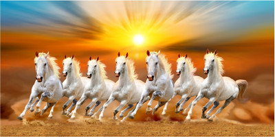 7 Horses Running Vastu Gumming Wall Poster | Self Adhesive Good Luck & Prosperity Poster for Home & Office | Sunset Background | 13x19 Inch Photographic Paper(13 inch X 19 inch)