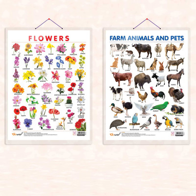FLOWERS CHART HARD LAMINATED and FARM ANIMALS AND PETS CHART HARD LAMINATED | combo of 2 charts |Educational Petal-Pasture Essentials Paper Print(20 inch X 15 inch)