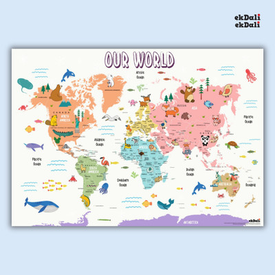 Perfect Wall Art for Nursery: Interactive World Map with Countries & Wildlife Paper Print(36 inch X 24 inch)