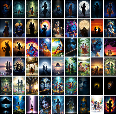Shree Krishna Wall Collage Kit for Aesthetic Room Decor | Set of 54 Pcs Photo Posters with Matte Finish & Pre-Applied Adhesive | Bedroom, Living Room & Home Decor Wall Art Paper Print Paper Print(6 inch X 4 inch, Cardstock)