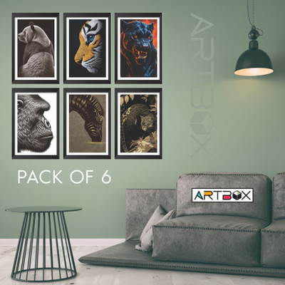 Wild Animal Digital Art Painting with 12x18 inch Set of 6 Wood Wall Hanging Photo Frames For Home Decor Fine Art Print(18 inch X 12 inch, Framed)