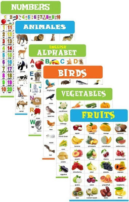 Number, Animals, Fruits, Vegetables, Alphabet & Birds Laiminate Chart For kids (6 Chart) 47cm×60cm Mega size Fine Art Print(18 inch X 23 inch, 6)