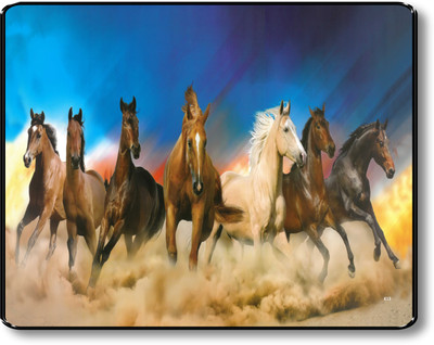 saf 7 Horses Large Sparkle Glossy Round Black Framed Painting Digital Reprint 14 inch x 11 inch Painting(With Frame)