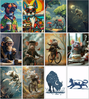Whimsical Animal Wall Art Set of 12 | A4 300 GSM Glossy Prints | Playful & Imaginative Pet Illustrations | Modern Surreal Animal Decor for Home, Office & Studio | Unframed 3D Poster(11.5 inch X 8.5 inch)