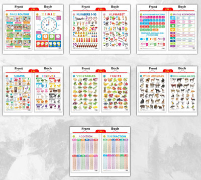 2 IN 1 DAILY ROUTINE AND TIME, 2 IN 1 ALPHABET AND NUMBER 1-10, 2 IN 1 NUMBER & FRACTIONS AND MATHS KEYWORDS, 2 IN 1 COLOURS AND SHAPES , 2 IN 1 FRUITS AND VEGETABLES, 2 IN 1 WILD AND FARM ANIMALS & PETS and 2 IN 1 ADDITION AND SUBTRACTION Chart | Combo of 7 Charts | Learning Fusion: 7-in-1 Educatio