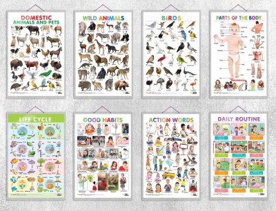 Domestic Animals and Pets, Wild Animals, Birds, Parts of the Body, Life Cycle, Good Habits, Action Words and DAILY ROUTINE | 8 combos of hard laminated charts | Discover the Wonders: Animals, Body, Habits & More in Daily Routine! Paper Print(30 inch X 20 inch)