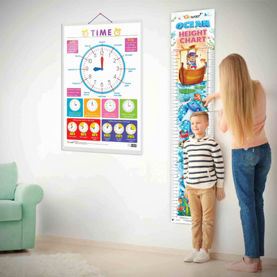 TIME CHART and OCEAN HEIGHT CHART | Set of 2 charts 1 Educational + 1 Height Chart | A Fun Combo of Time Chart Adventure and Ocean Height Chart for Kids Paper Print(30 inch X 20 inch)