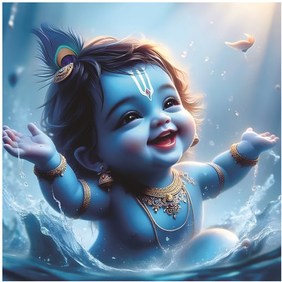 Meri Decor Blue Water With Krishna God Wall Poster For Pooja Room, Living Room, Office (Size -40Cm X 40Cm) Vinyl(16 inch X 16 inch)