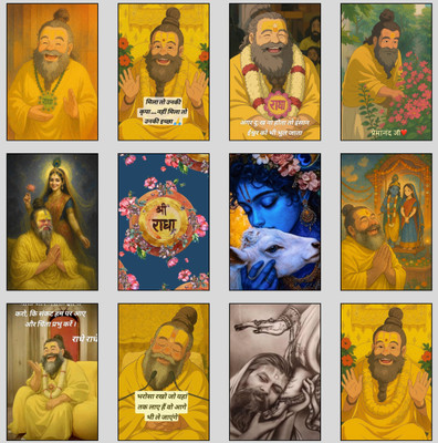 Spiritual Posters Set of 12 | Artificial Wall Art for Home & Temple Decoration | Brahmanand Ji, Radha Krishna & Devotional Quotes | Glossy Laminated HD Posters for Meditation, Living Room & Gifting 3D Poster(11.5 inch X 8.5 inch)