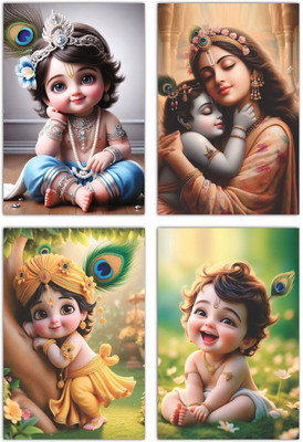 Little Bal Gopal Posters For Pregnant Women | Religious Posters | Krishna Poster | Multicolor Pack of 4 Photographic Paper(18 inch X 12 inch, Easy to Apply: Just Peel & Stick!)