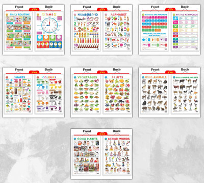 2 IN 1 DAILY ROUTINE AND TIME, 2 IN 1 ALPHABET AND NUMBER 1-10, 2 IN 1 NUMBER & FRACTIONS AND MATHS KEYWORDS, 2 IN 1 COLOURS AND SHAPES, 2 IN 1 FRUITS AND VEGETABLES, 2 IN 1 WILD AND FARM ANIMALS & PETS and 2 IN 1 GOOD HABITS AND ACTION WORDS Chart | Combo of 7 Chart | Dynamic Duo: A 7-Chart Learnin