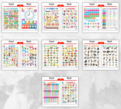2 IN 1 DAILY ROUTINE AND TIME, 2 IN 1 ALPHABET AND NUMBER 1-10, 2 IN 1 NUMBER & FRACTIONS AND MATHS KEYWORDS, 2 IN 1 COLOURS AND SHAPES, 2 IN 1 FRUITS AND VEGETABLES, 2 IN 1 WILD AND FARM ANIMALS & PETS and 2 IN 1 PHONICS 1 AND PHONICS 2 Chart | Combo of 7 Charts | Super Combo: Educational Essential