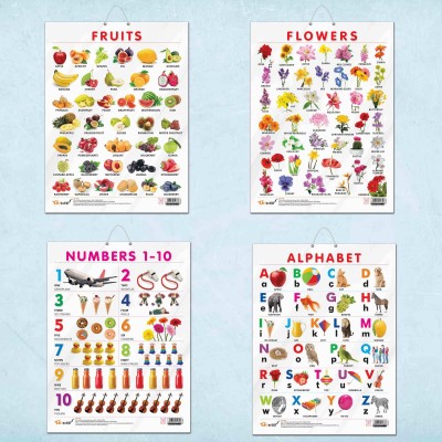 ALPHABET CHART GLOSS LAMINATED, FRUITS CHART GLOSS LAMINATED, FLOWERS CHART GLOSS LAMINATED, and NUMBER 1-10 CHART GLOSS LAMINATED | combo of 4 charts |Whimsical World of Learning Paper Print(20 inch X 15 inch)