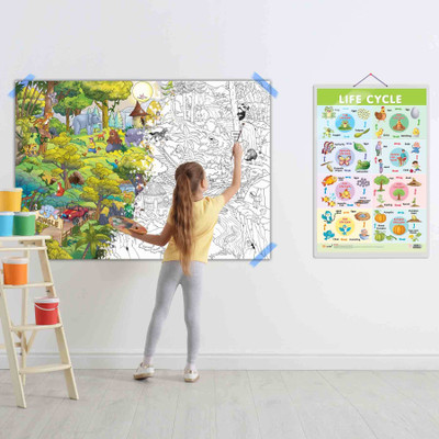 Life Cycle and GIANT JUNGLE SAFARI COLOURING POSTER | Combo of 1 Chart & 1 Poster | Exploring Life Cycles and colouring the Giant Jungle Adventure Paper Print(40 inch X 28 inch)