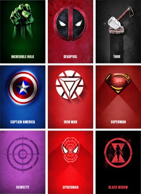 Superhero Wall Poster Marvel Avengers Thor Superman Spider Man Iron Man Incredible Hulk Hawkeye Deadpool Captain America Black Widow Pack of 9 (Size : 9 x 12 Inch) Paper Print(12 inch X 9 inch, BOX)