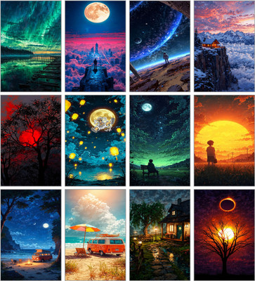 Cosmic Dream Landscape Poster Set of 12 | Surreal Sky, Moon & Nature Wall Art | HD Fantasy Aesthetic Prints for Room Decor 3D Poster(11.5 inch X 8.5 inch)