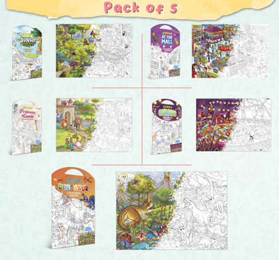 GIANT JUNGLE SAFARI COLOURING Charts, GIANT AT THE MALL COLOURING Charts, GIANT PRINCESS CASTLE COLOURING Charts, GIANT CIRCUS COLOURING Charts and GIANT DINOSAUR COLOURING Charts | Combo pack of 5 Charts I Coloring Charts Collection Paper Print(16 inch X 10 inch)
