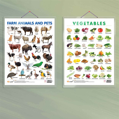 FARM ANIMALS AND PETS CHART HARD LAMINATED and VEGETABLE CHART HARD LAMINATED | combo of 2 charts | Petting Zoo and Veggie Bounty Duo Paper Print(20 inch X 15 inch)