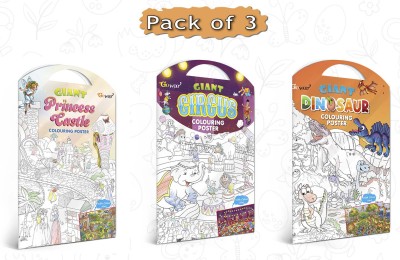 GIANT PRINCESS CASTLE COLOURING Charts, GIANT CIRCUS COLOURING Charts and GIANT DINOSAUR COLOURING Charts | Set of 3 Charts I wall colouring Charts Paper Print(16 inch X 10 inch)