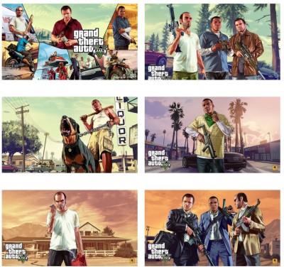 GTA 5 | Gaming Posters | GTA 5 Video Game Wall Art Decor | Pack of 6 | 18x12 inch Landscape | Rolled Paper Print(12 inch X 18 inch, Rolled)