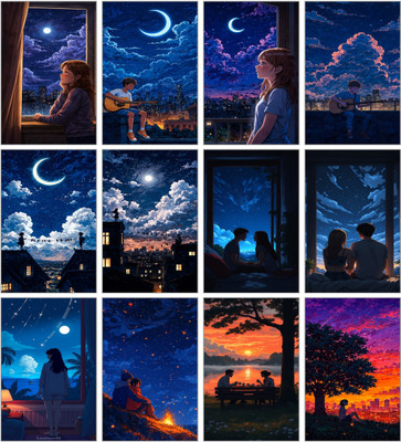 Moonlight Romance Poster Set of 12 | Dreamy Night Sky & Couple Aesthetic Wall Art | HD Anime-Inspired Room Decor 3D Poster(11.5 inch X 8.5 inch)