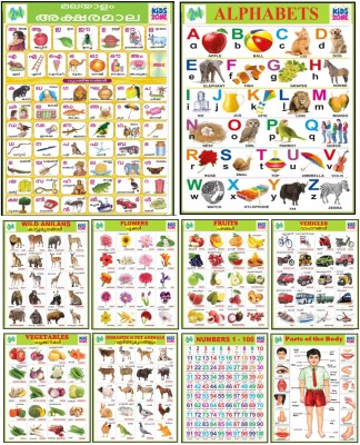 Malayalam - English Educational Kids learning Laminated Wall Chart | Size 37 x 48 CM | Non-Tearable and Waterproof | Pack of 10 Attractive Charts Fine Art Print(19 inch X 14 inch)