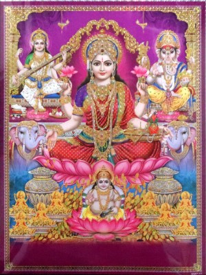 Water Proof Dhanversha Lakshmi With Ganesh Sarswati And Kuber Metalized/Holographic Effect Scratch proof Crystal Poster Fine Art Print(16 inch X 12 inch, Rolled)