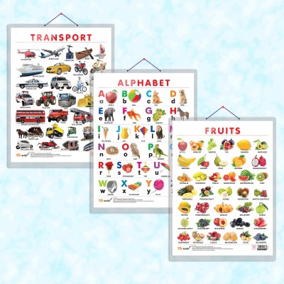 ALPHABET CHART HARD LAMINATED, FRUITS CHART HARD LAMINATED, and TRANSPORT CHART HARD LAMINATED | combo of 3 charts | Language, Healthy Choices, and Transit Display Paper Print(20 inch X 15 inch)