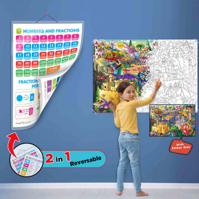 2 IN 1 NUMBER & FRACTIONS AND MATHS KEYWORDS CHART and GIANT DRAGON COLOURING POSTER | SET OF 1 CHART and 1 POSTER | Math and Dragon Adventure Combo: 2 in 1 Number & Fractions + Giant Dragon Colouring Poster for Kids. Paper Print(40 inch X 28 inch)