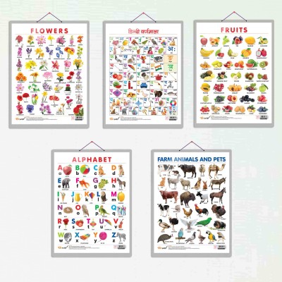 ALPHABET CHART HARD LAMINATED, FRUITS CHART HARD LAMINATED, FLOWERS CHART HARD LAMINATED, FARM ANIMALS AND PETS CHART HARD LAMINATED, and HINDI VARNMALA CHART HARD LAMINATED | combo of 5 charts | Lively Learning Charts Collection Paper Print(20 inch X 15 inch)
