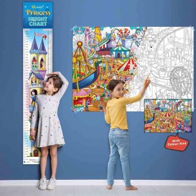 PRINCESS HEIGHT CHART and GIANT AMUSEMENT PARK COLOURING POSTER | COMBO OF 1 chart + 1 poster | Princess Height chart and Amusement Park Colouring Poster Adventures. Paper Print(40 inch X 28 inch)