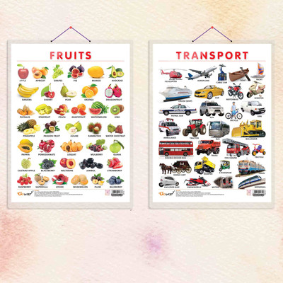 FRUITS CHART HARD LAMINATED and TRANSPORT CHART HARD LAMINATED.| combo of 2 charts | Transport and Fruit Learning Duo Paper Print(20 inch X 15 inch)