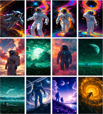 Astronaut Cosmic Dreams Poster Set of 12 | Space Explorer Wall Art | Sci-Fi Galaxy & Astronaut Adventure Prints on Premium Artificial Paper 3D Poster(11.5 inch X 8.5 inch)