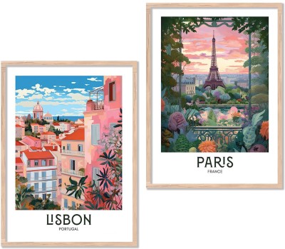 Premium Painting with Frame for Home Decoration - Iconic City Paris Framed Poster for Living Room Bedroom Office Room Wall Decor (Pack of 2) Paper Print(17 inch X 13 inch, Framed)