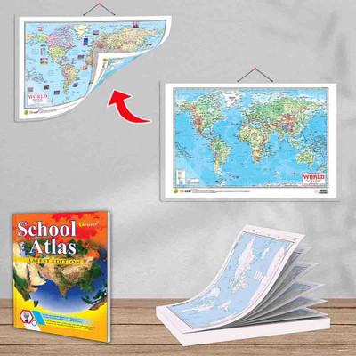 SMALL - 100 WORLD POLITICAL OUTLINE MAP FOR SCHOOL, 2 IN 1 WORLD POLITICAL AND PHYSICAL MAP IN ENGLISH and SCHOOL ATLAS LATEST EDITION (ENGLISH) - ART PAPER | Pack of 1 Map Pad + 1 Map Chart + 1 Atlas Book | Geography Made Simple: All-in-One Maps and Atlas for School Education Paper Print(30 inch X 