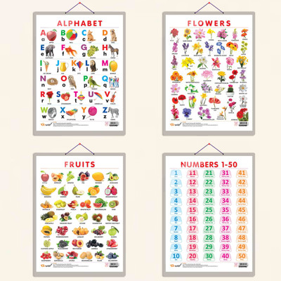 ALPHABET CHART HARD LAMINATED, FRUITS CHART HARD LAMINATED, FLOWERS CHART HARD LAMINATED, and NUMBER 1-50 CHART HARD LAMINATED | combo of 4 charts | Educational Extravaganza Collection Paper Print(20 inch X 15 inch)