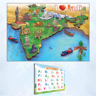 ALPHABET UNLIMITED WRITE AND WIPE PRACTICE BOARD and GIANT INDIA COLOURING POSTER | Combo of 1 practice board with pen and 1 colouring poster | Giant Indian ABC Fun Fine Art Print(17 inch X 11.5 inch)