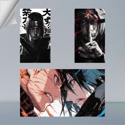 VIRGIN ARTS | COMBO SET OF B&W NARUTO UZUMAKI, SASUKE UCHIHA, ITACHI UCHIHA FRAME | ANIME | SET OF 2 A4 AND 1 A3 300 GSM FRAMED POSTER FOR WALL Photographic Paper(13 inch X 9 inch, FRAMED)