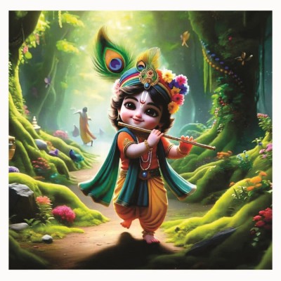 Bal Krishna Jungle Flute God Wall Poster For Pooja Room, Living Room (Size - 40Cm X 40Cm) Vinyl(16 inch X 16 inch)