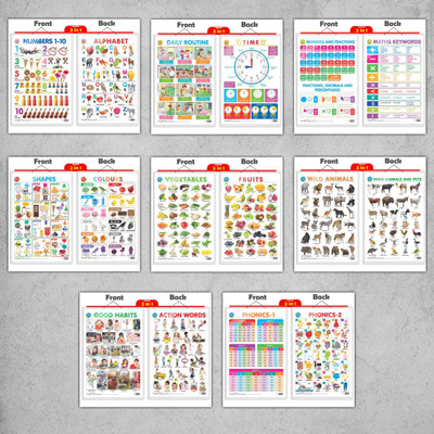 2 IN 1 DAILY ROUTINE AND TIME, 2 IN 1 ALPHABET AND NUMBER 1-10, 2 IN 1 NUMBER & FRACTIONS AND MATHS KEYWORDS, 2 IN 1 COLOURS AND SHAPES, 2 IN 1 FRUITS AND VEGETABLES, 2 IN 1 WILD AND FARM ANIMALS & PETS, 2 IN 1 GOOD HABITS AND ACTION WORDS and 2 IN 1 PHONICS 1 AND PHONICS 2 | 8 combos of hard lamina
