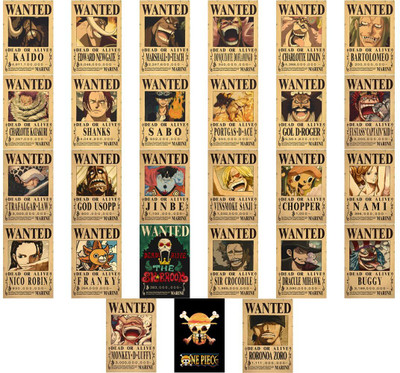 one piece wanted posters for wall - one piece merch - set of 27 post cards size 4x6 inch 300gsm anime stickers - one piece bounty posters with peel and stick tissue tape Paper Print(6 inch X 4 inch)