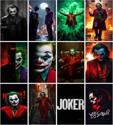 Joker Wall Art Set of 12 | Heath Ledger & Joaquin Phoenix Posters | DC Villain Cinematic Print Collection | Dark Aesthetic Wall Decor for Bedroom, Office, or Gaming Room 3D Poster(11.5 inch X 8.5 inch)