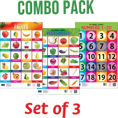 Bookford Publications My small chart Numbers, Fruits & Vegetables (Set of 3) Paper Print(18 inch X 12 inch, 2 in 1 Laminated)