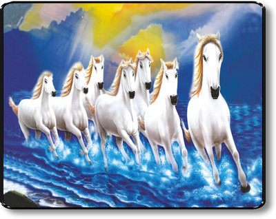 saf 7 Horses Large Sparkle Glossy Round Black Framed Painting Digital Reprint 14 inch x 11 inch Painting(With Frame)