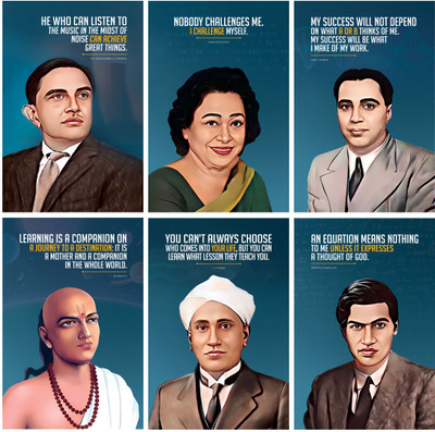 Indian Scientist Motivational and Inspirational Quotes Wall Posters (Aryabhatta, Homi J Bhabha, CV Raman, Vikram Sarabhai, Ramanujan, Shakuntla Devi), Pack Of 06 Paper Print(18 inch X 12 inch, Rolled)