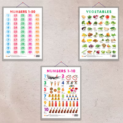 NUMBER 1-10 CHART HARD LAMINATED, NUMBER 1-50 CHART HARD LAMINATED, and VEGETABLE CHART HARD LAMINATED | combo of 3 charts | Numerical and Nutritional Learning Trio Paper Print(20 inch X 15 inch)